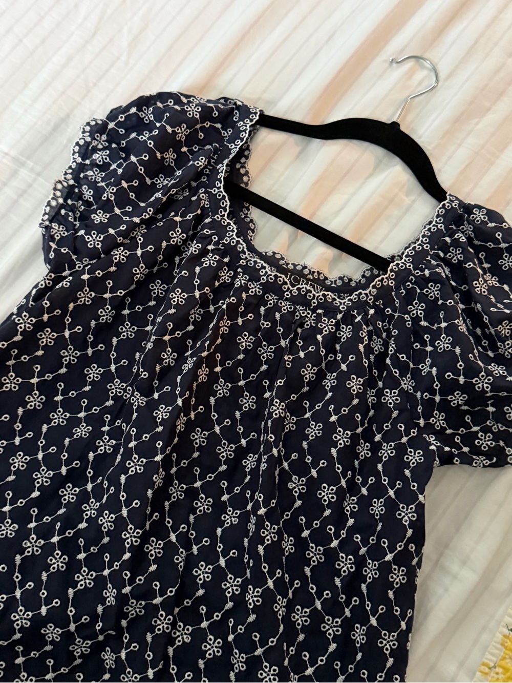 J. Crew Navy Blue Embroidered Puff Sleeve Blouse